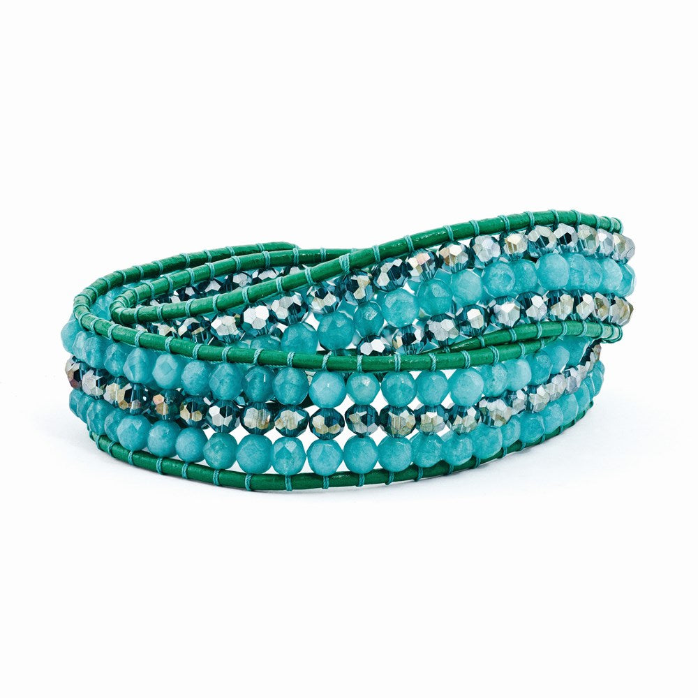 Leather Blue Zircon Quartz/Crystal Multi Wrap Brass Button Bracelet