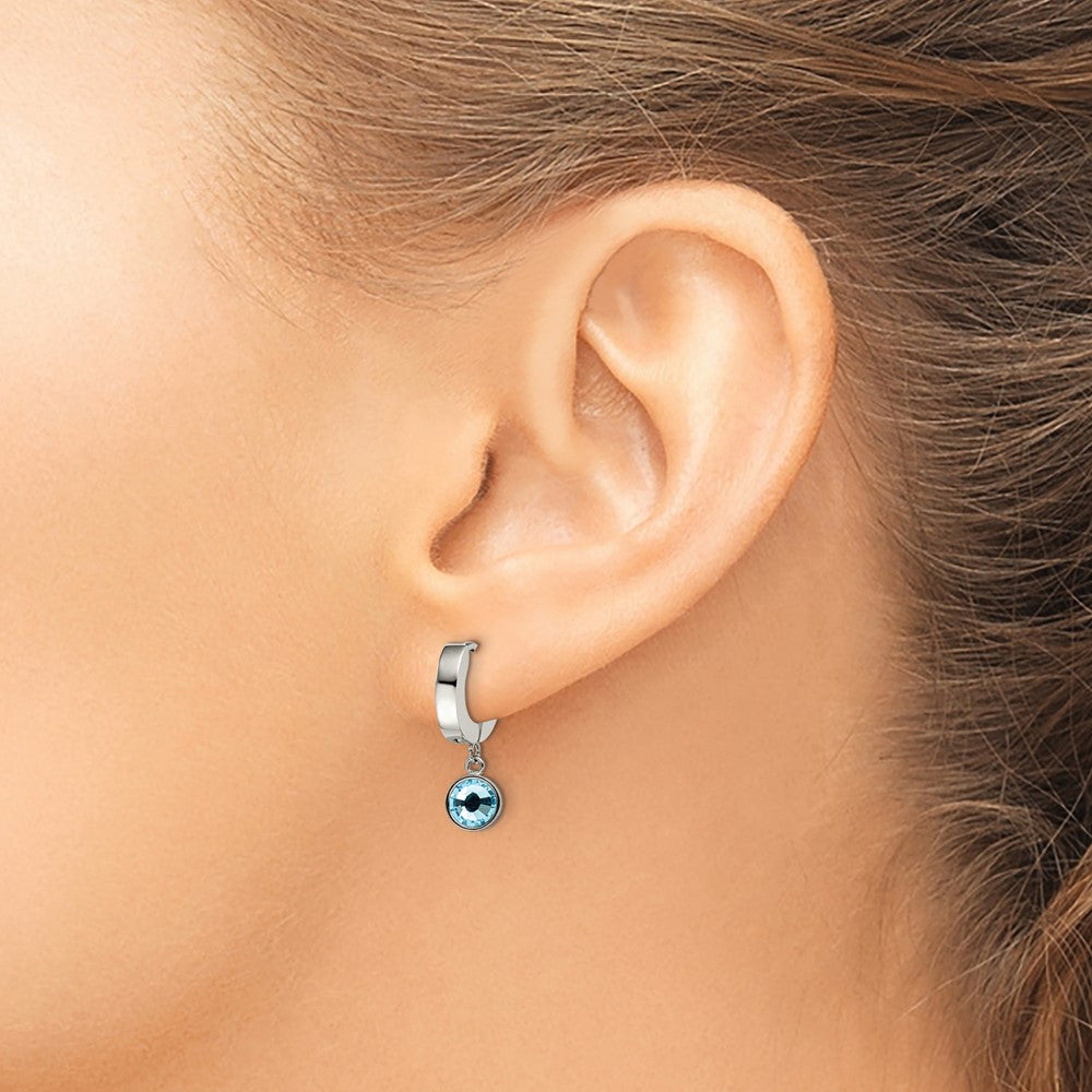 Stainless Steel Polished w/Blue Preciosa Crystal Dangle Hinged Hoop Earring