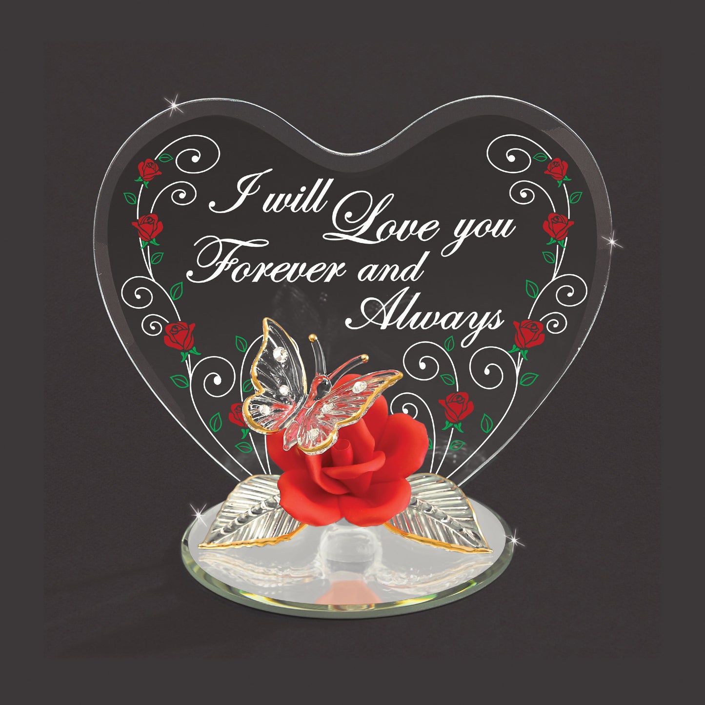 I WILL LOVE YOU FOREVER AND ALWAYS Butterfly and Red Rose Handcrafted Glass Figurine Q-GM19252