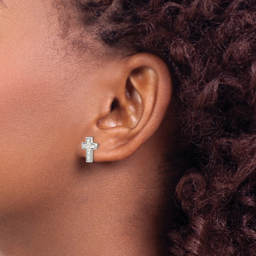 Stainless Steel Brushed and Polished Textured Cross Earrings
