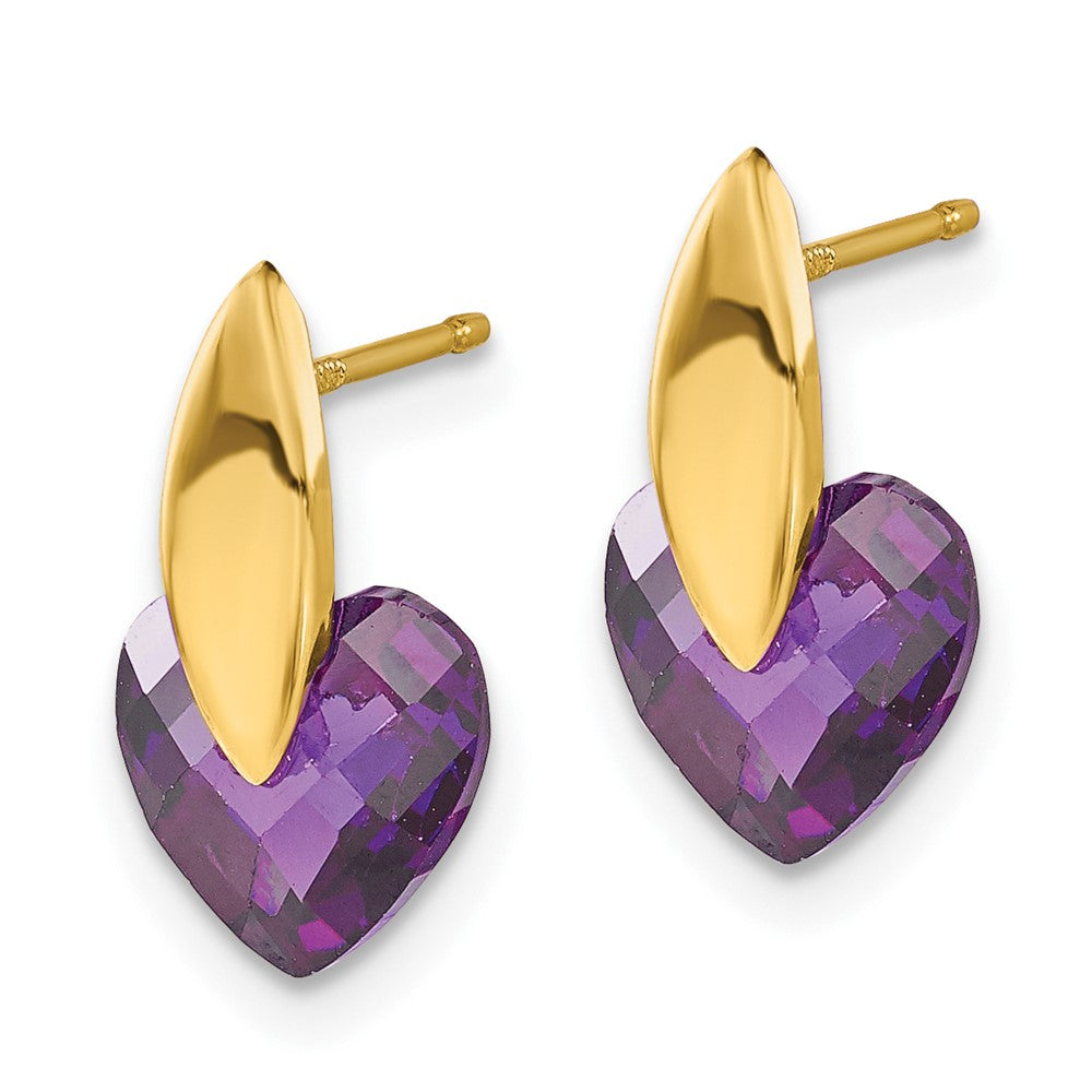 14ky Polished Purple CZ Heart Post Earrings