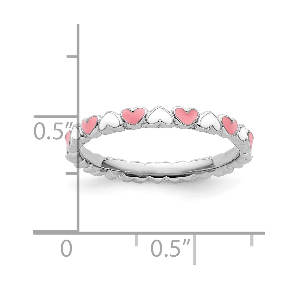 Sterling Silver Stackable Expressions Pink & White Enamel Heart Ring Size -5