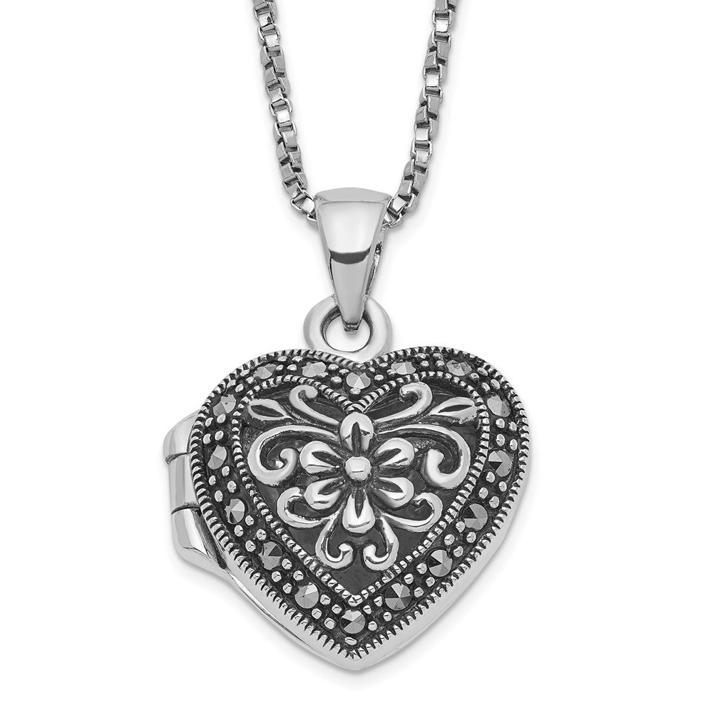 Sterling Silver Rhod-pltd Floral Marcasite Heart Locket 18in Necklace 18 Inches