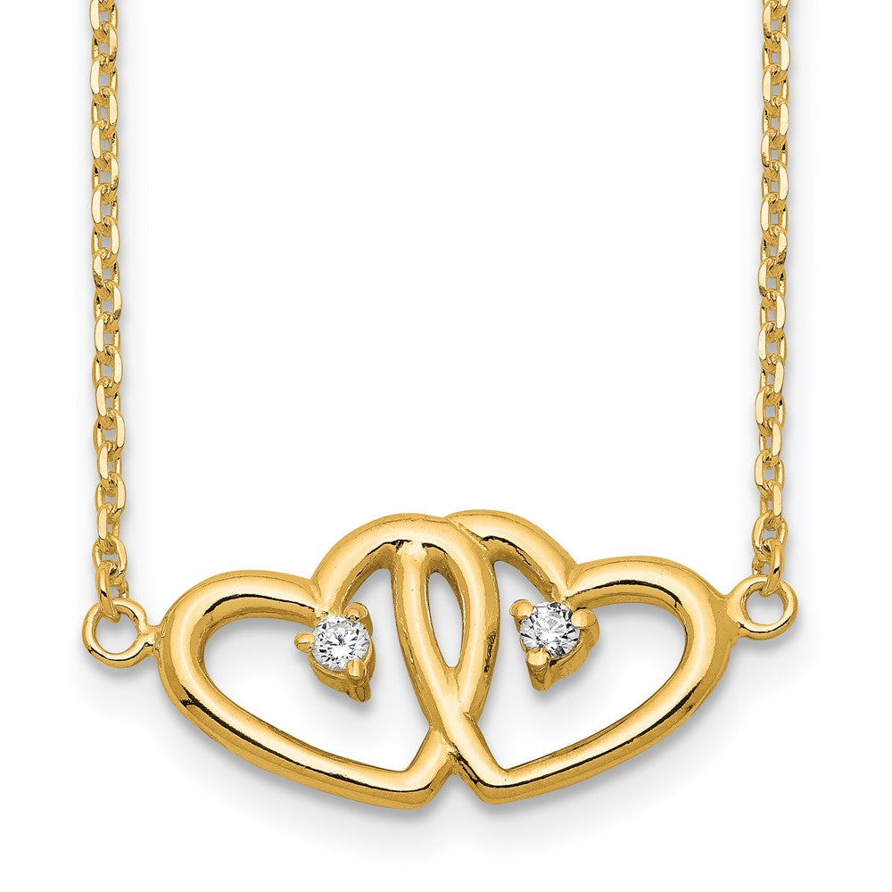 Sterling Silver Gold-tone Polished Two Hearts CZ Necklace 18 Inches