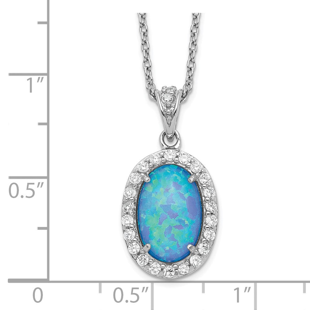 Cheryl M Sterling Silver Rhodium-plated Cabochon Lab Created Blue Opal and Brilliant-cut CZ Oval 18.5 Inch Necklace 18.5 Inches