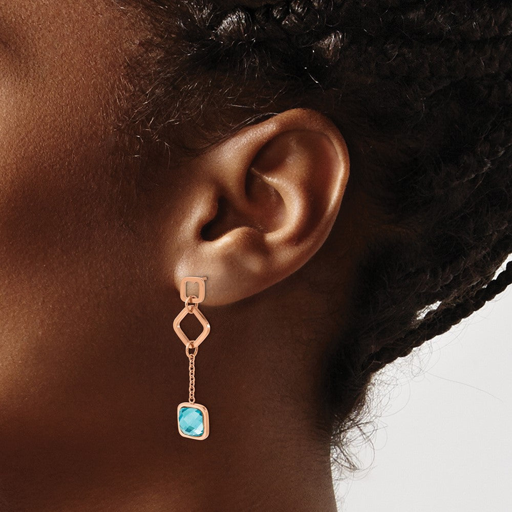 Stainless Steel Polished Rose IP-plated Blue Crystal Post Dangle Earrings