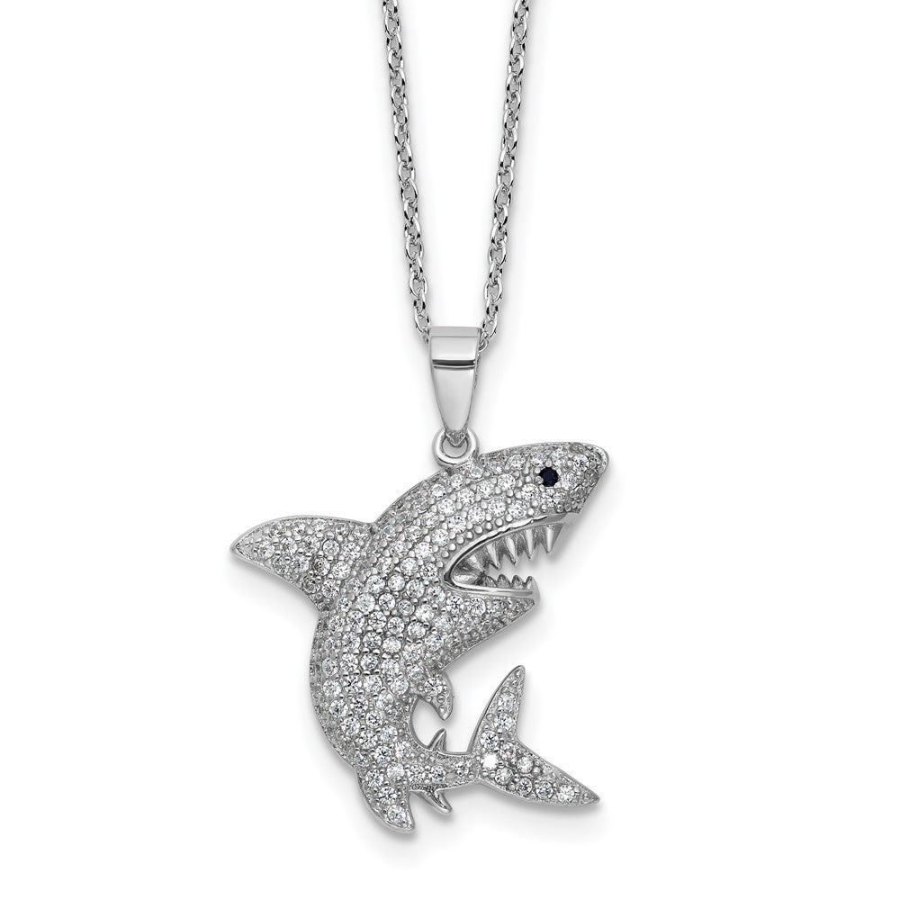 Cheryl M Sterling Silver Rhodium-plated Polished Lab Created Black Spinel and CZ Shark with 2 Inch Extension Necklace 18 Inches