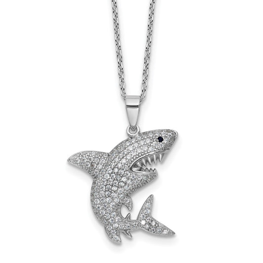 Cheryl M Sterling Silver Rhodium-plated Polished Lab Created Black Spinel and CZ Shark with 2 Inch Extension Necklace 18 Inches