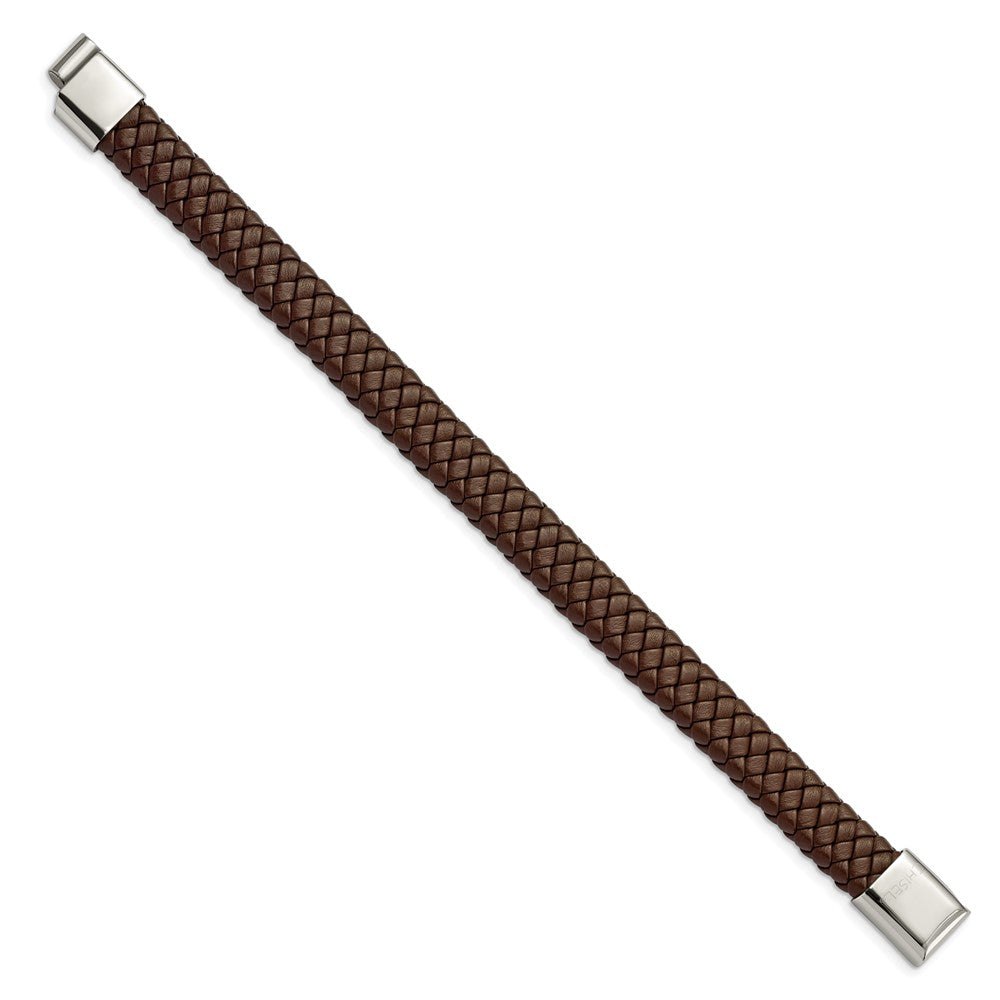 Stainless Steel Polished Braided Brown Leather 8.5in Bracelet 8.5 inches
