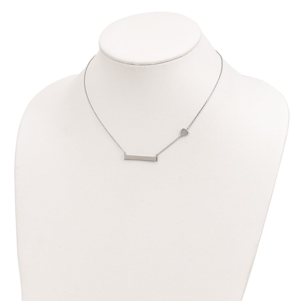 Sterling Silver Rhodium-plated CZ Heart w/2in ext. Bar Necklace 16 Inches
