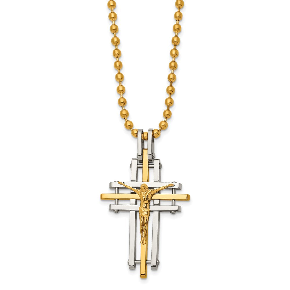 Stainless Steel Polished Yellow IP-plated Crucifix 24in Necklace