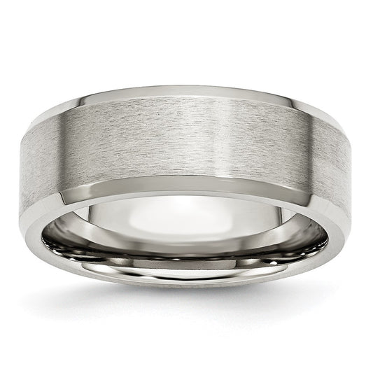 Stainless Steel Polished w/Brushed Center 8mm Flat Beveled Edge Band Size - 9.5