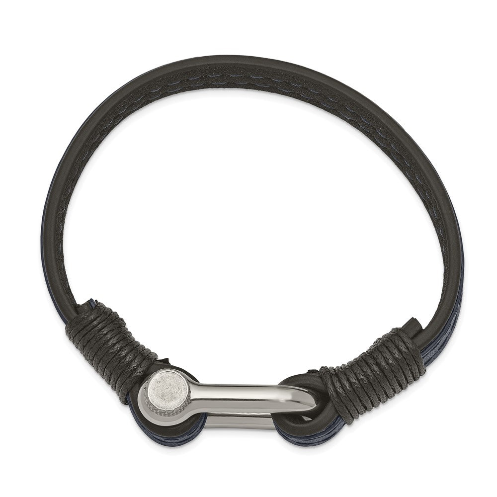 Stainless Steel Polished Black & Blue Leather 8.25in Shackle Bracelet 8.25 inches