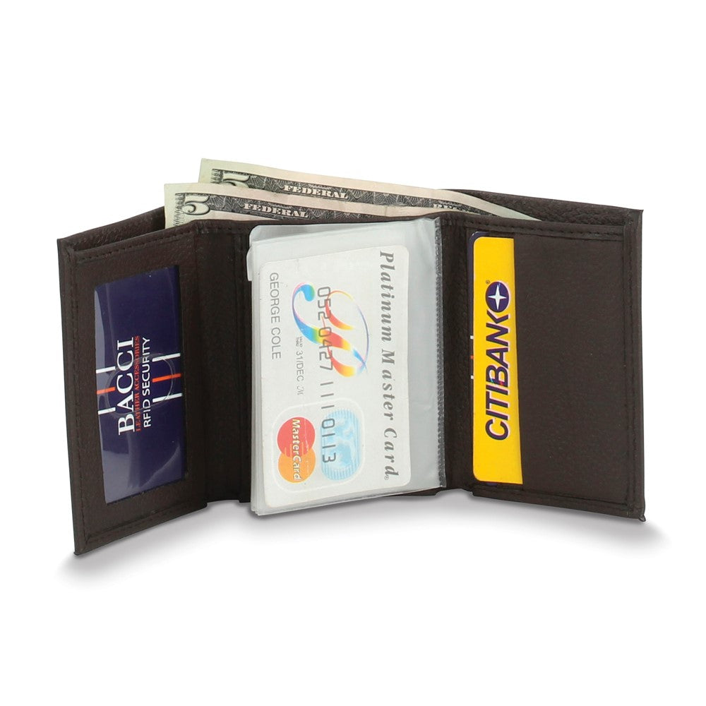 Brown Leather RFID Blocking 5-Slot Trifold Wallet with ID Window and Photo Inserts