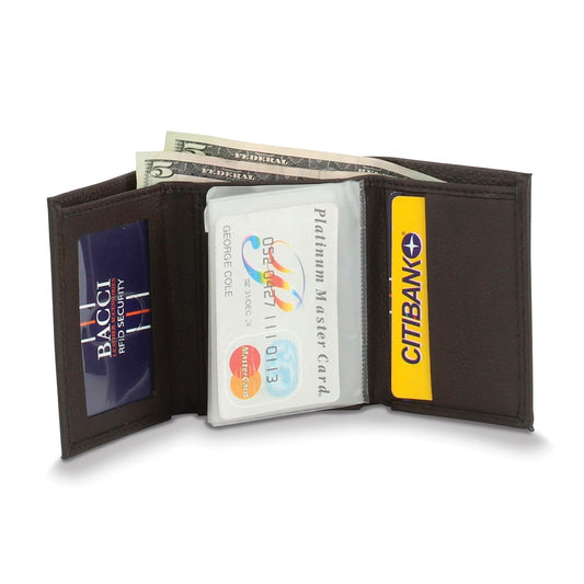 Brown Leather RFID Blocking 5-Slot Trifold Wallet with ID Window and Photo Inserts