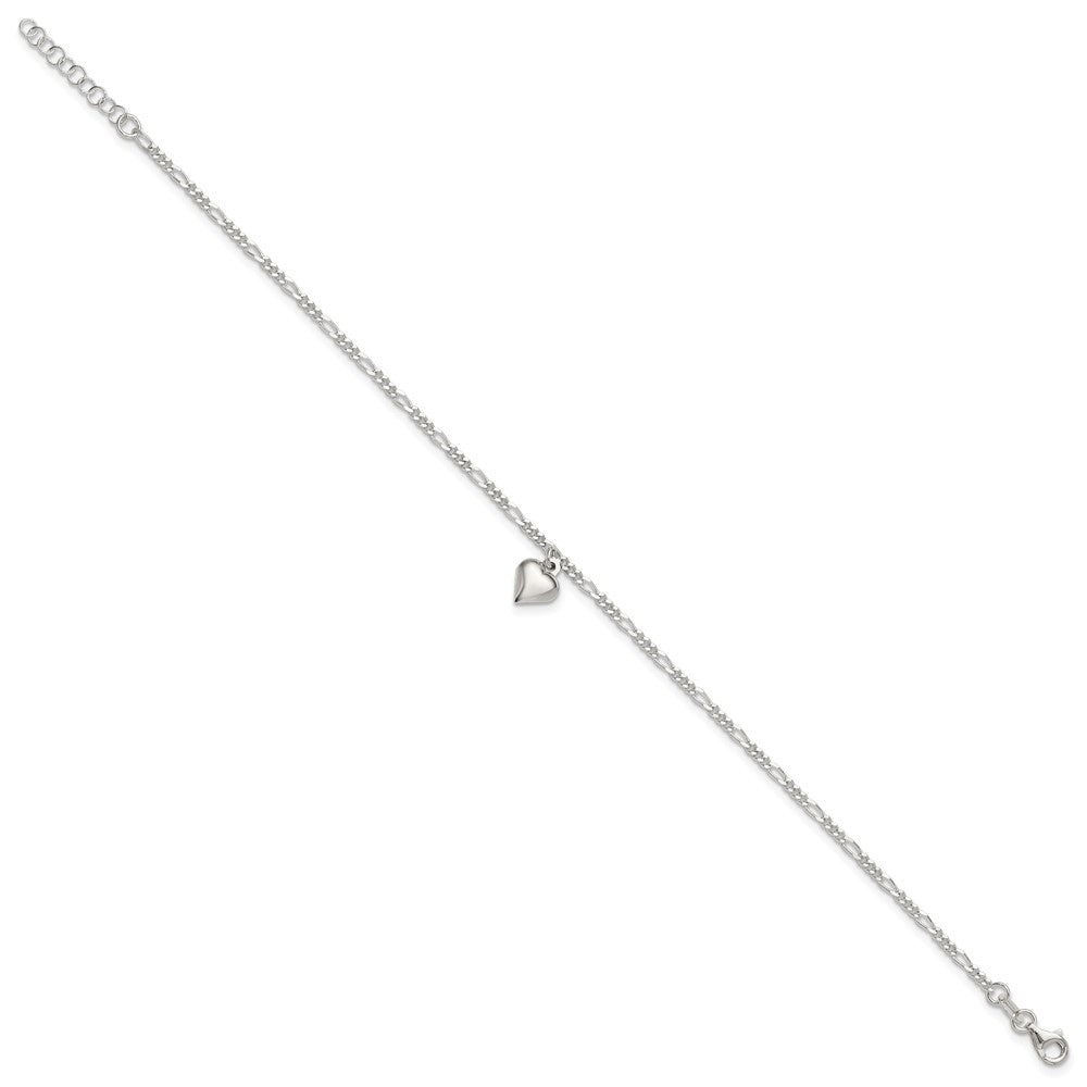 Sterling Silver Polished Heart 9 in Plus 1in ext. Anklet 9 inches