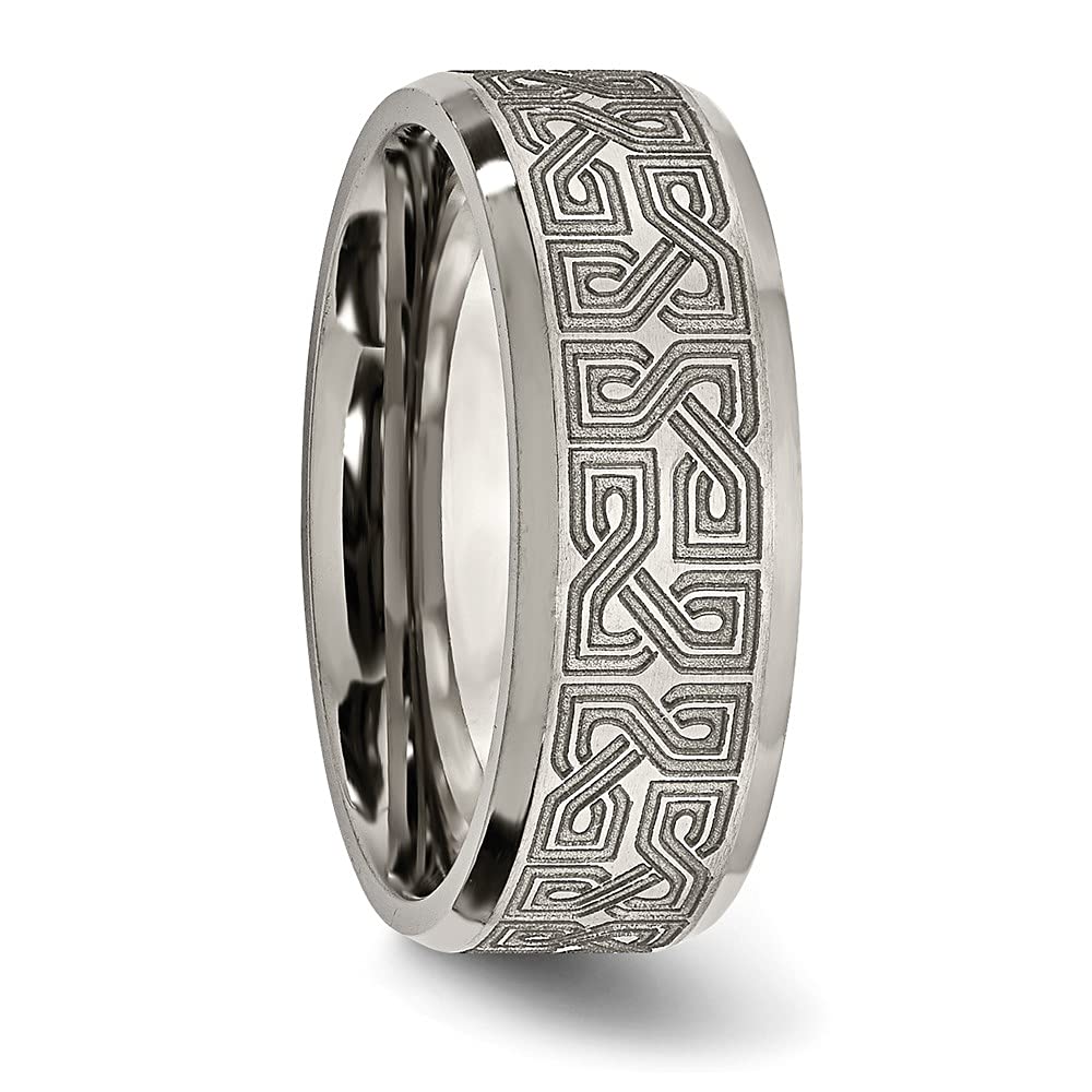 Titanium Brushed & Polished Greek Key Laser Design 8mm Beveled Band Size - 9.5