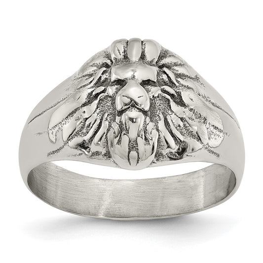 Stainless Steel Antiqued and Polished Lion Head Ring Size - 9