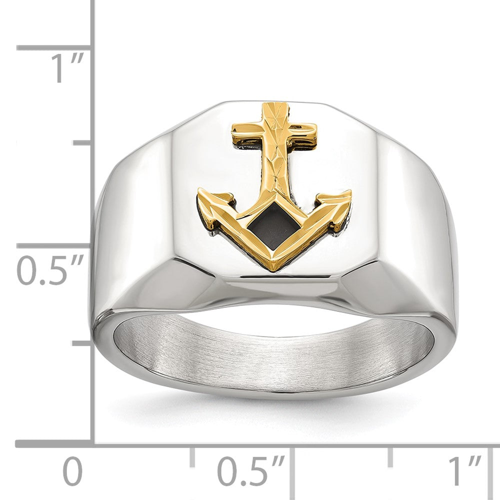 Chisel Stainless Steel Polished with Diamond-cut 14K Gold Accent Anchor with Black Enamel Signet Ring Size - 9