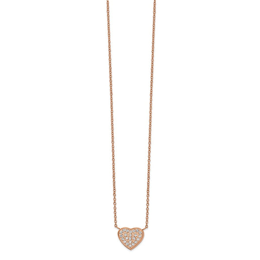 Stainless Steel Polished Rose IP CZ Heart 17.25in w/1in ext Necklace