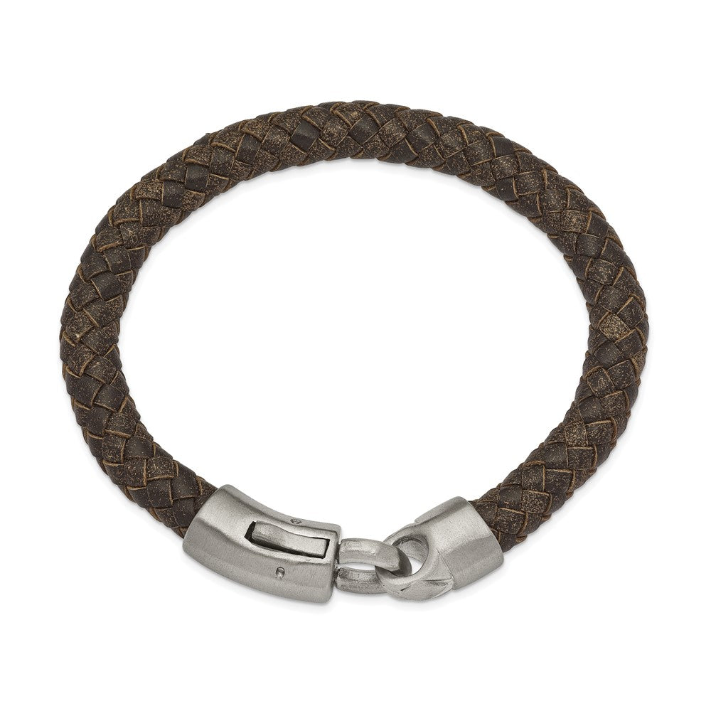Stainless Steel Brushed Brown Leather 8.25in Bracelet 8.25 inches