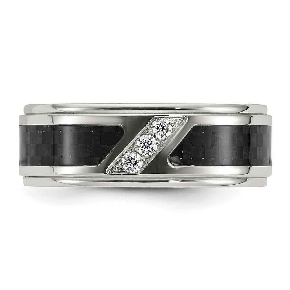 Chisel Titanium Polished with Black Carbon Fiber Inlay and CZ 8mm Band Size - 7