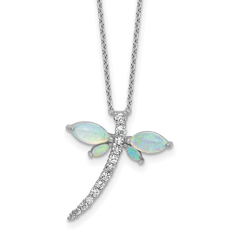Cheryl M Sterling Silver Rhodium-plated Polished Lab Created Opal and CZ Dragonfly with 2 Inch Extension Necklace 18 Inches