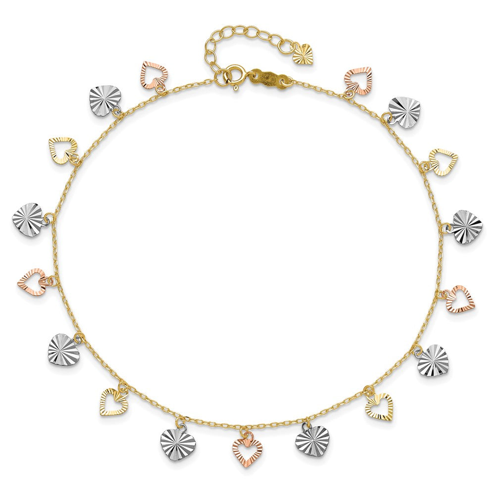 14K Tri-Color Heart 9in Plus 1in ext  Anklet 9 inches