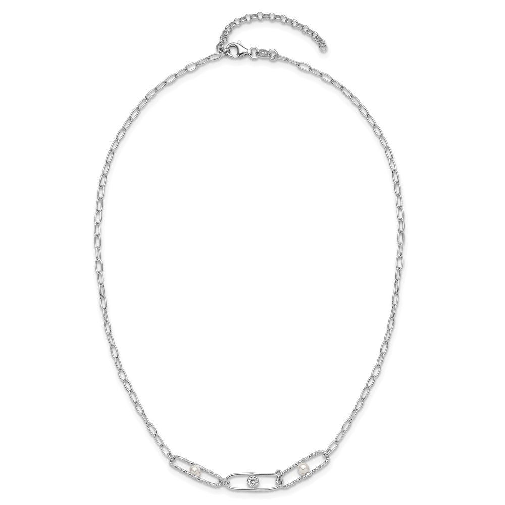 Sterling Silver Rh-plated CZ and Crystal Pearl w/2in ext. Necklace