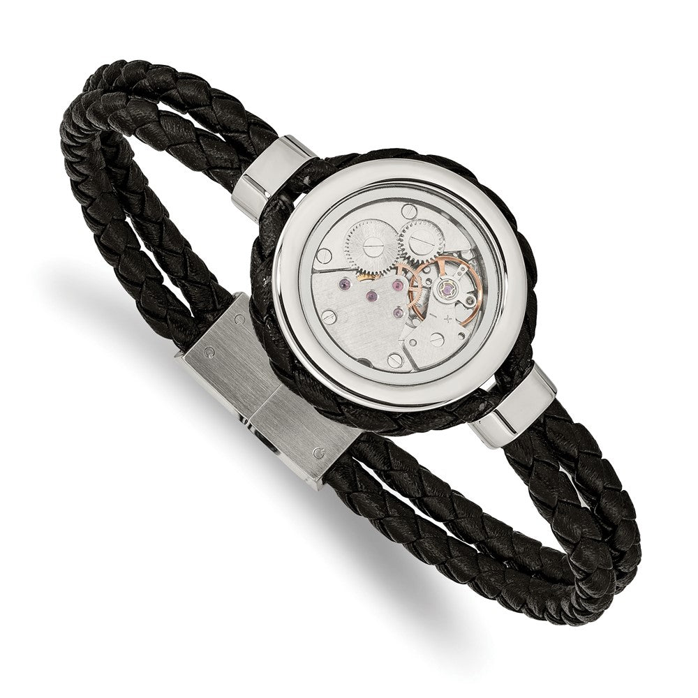 Stainless Steel Brushed & Polished Yellow IP w/CZ & Leather 8.5in Bracelet 8.5 inches