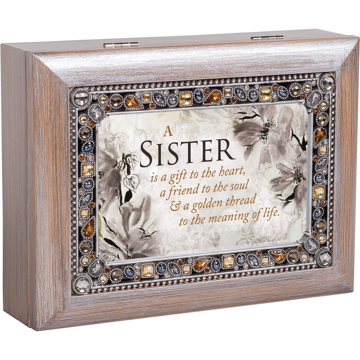 Jeweled Woodgrain Resin SISTER Sentiment Music Box (Plays You Light Up My Life) Q-GM18585