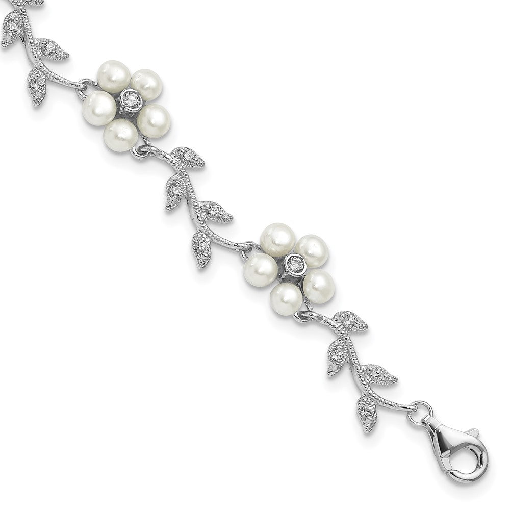 Sterling Silver Rhodium-plated CZ Vine Pattern and Fresheater Cultured Pearl Floral 7 inch Bracelet 7 inches