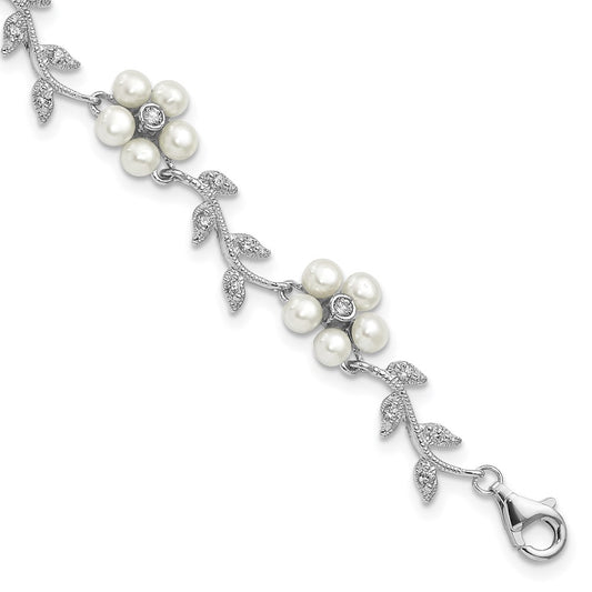 Sterling Silver Rhodium-plated CZ Vine Pattern and Fresheater Cultured Pearl Floral 7 inch Bracelet 7 inches