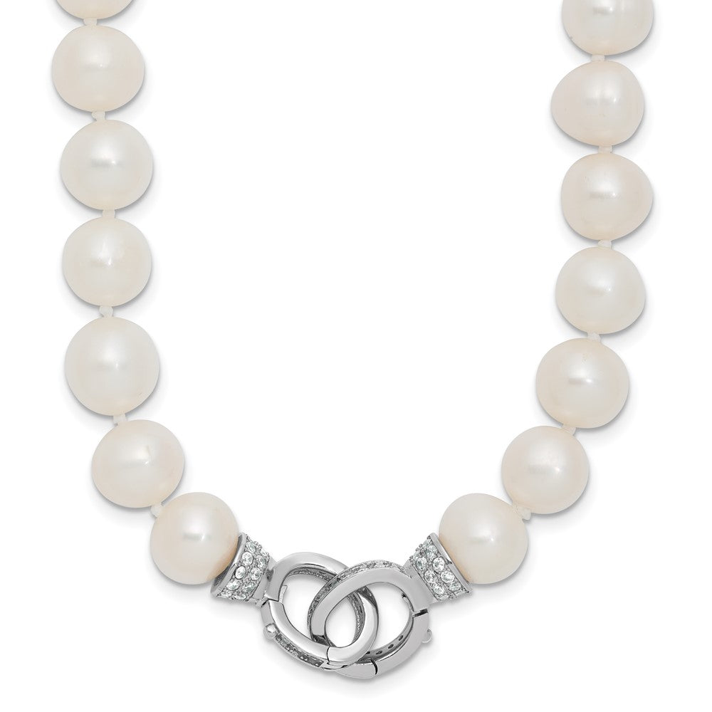 Sterling Silver Rhodium-plated 9-10mm White Near-Round Freshwater Cultured Pearl and CZ Clasp Adjustable 18 inch Necklace 18 Inches