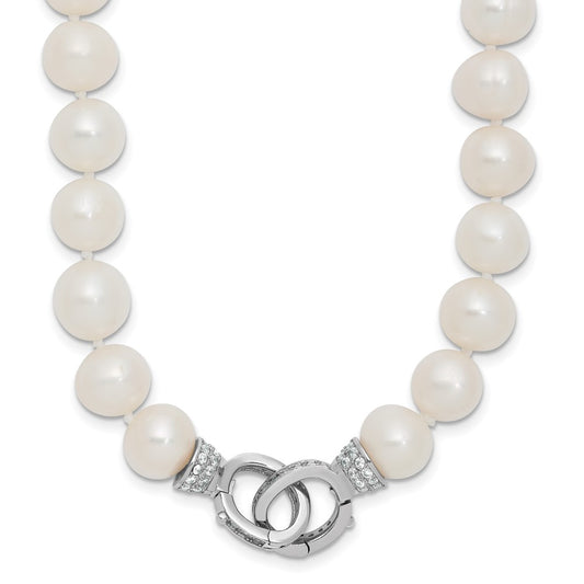 Sterling Silver Rhodium-plated 9-10mm White Near-Round Freshwater Cultured Pearl and CZ Clasp Adjustable 18 inch Necklace 18 Inches