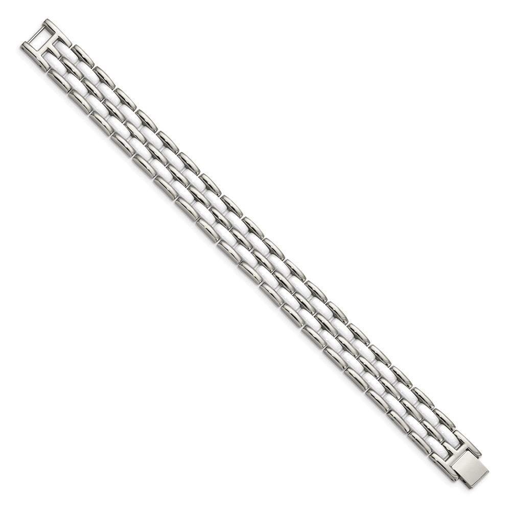 Stainless Steel Polished w/Double Row White Ceramic 8.25in Bracelet 8.25 inches