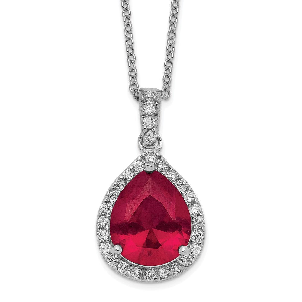 Cheryl M Sterling Silver Rhodium-plated Brilliant-cut Lab Created Ruby and Brilliant-cut White CZ Teardrop Halo 18 Inch Necklace 18 Inches