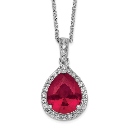 Cheryl M Sterling Silver Rhodium-plated Brilliant-cut Lab Created Ruby and Brilliant-cut White CZ Teardrop Halo 18 Inch Necklace 18 Inches