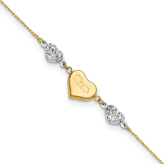 14K Two-tone Diamond-cut Puffed Hearts MOM 9in Plus 1in ext Anklet