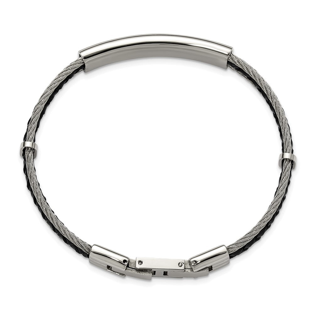 Chisel Stainless Steel Brushed and Polished Wire and Braided Black Leather 6.75 inch Plus a .5 inch Extension ID Bracelet 7.25 inches