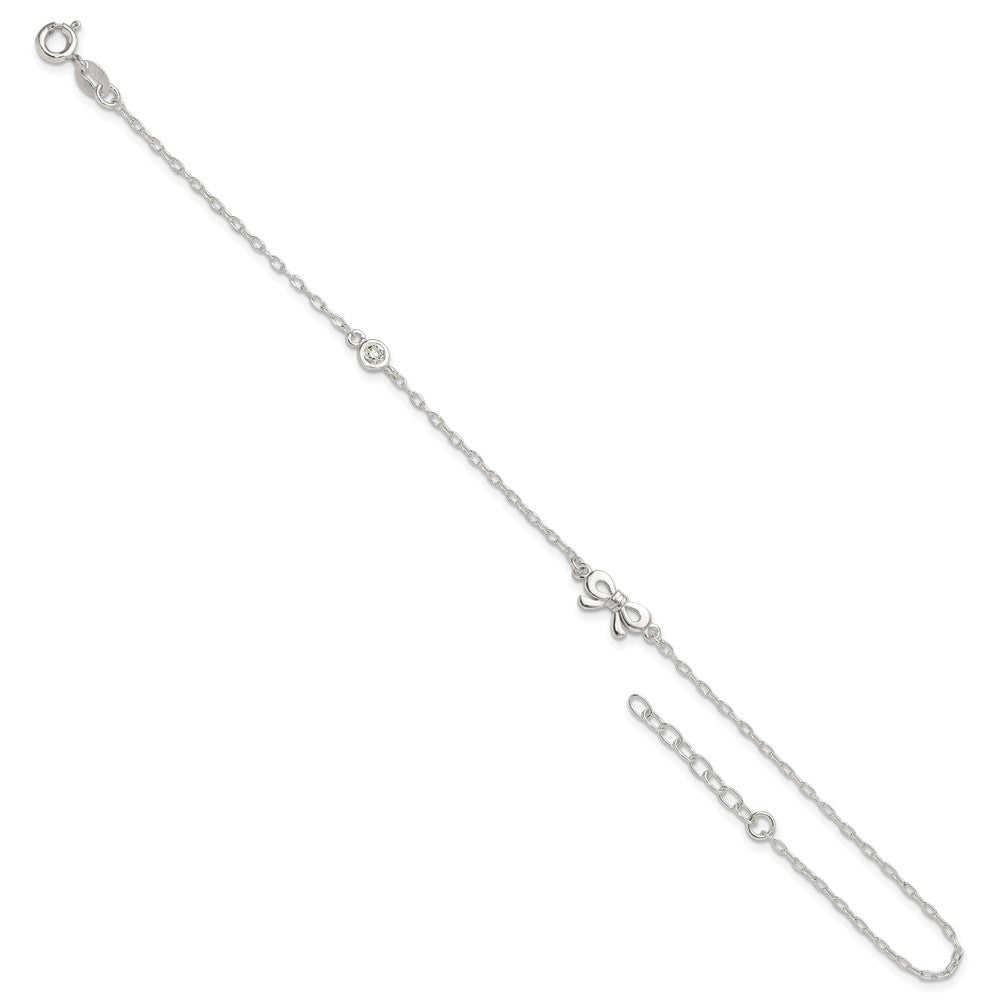Sterling Silver Polished CZ Bow 9in Plus 1in Ext. Anklet 9 inches