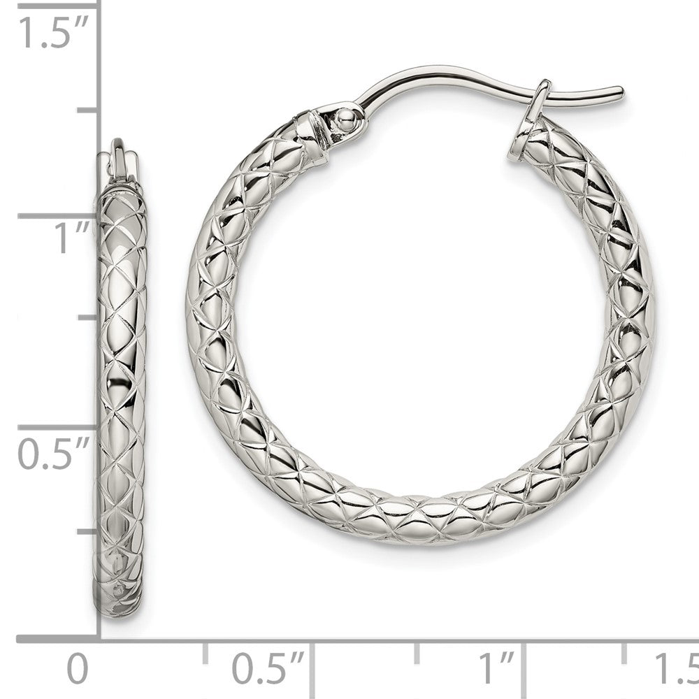 Stainless Steel Polished and Textured Hollow Hoop Earrings