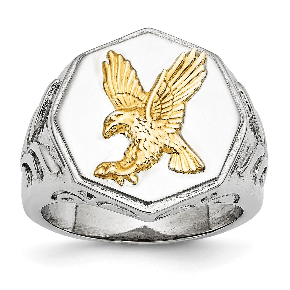Stainless Steel Polished Yellow IP-plated w/Sterling Silver Eagle Ring Size - 9