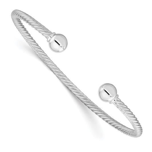 Sterling Silver Rhod-plated Twisted w/1 Thread Ball Cuff Bangle 7.5 inches