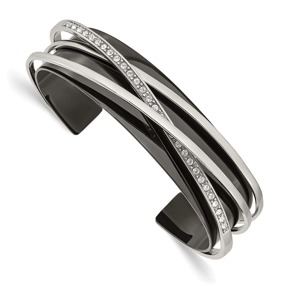 Stainless Steel Polished Black IP-plated w/Swarovski Layered Cuff Bangle 6.5 inches