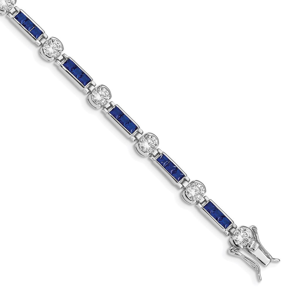 Sterling Silver Rhodium-plated Blue Glass and CZ 7.25 inch Bracelet 7.25 inches