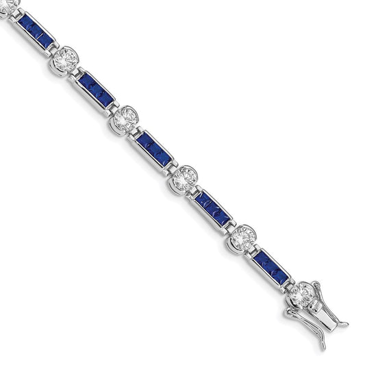 Sterling Silver Rhodium-plated Blue Glass and CZ 7.25 inch Bracelet 7.25 inches
