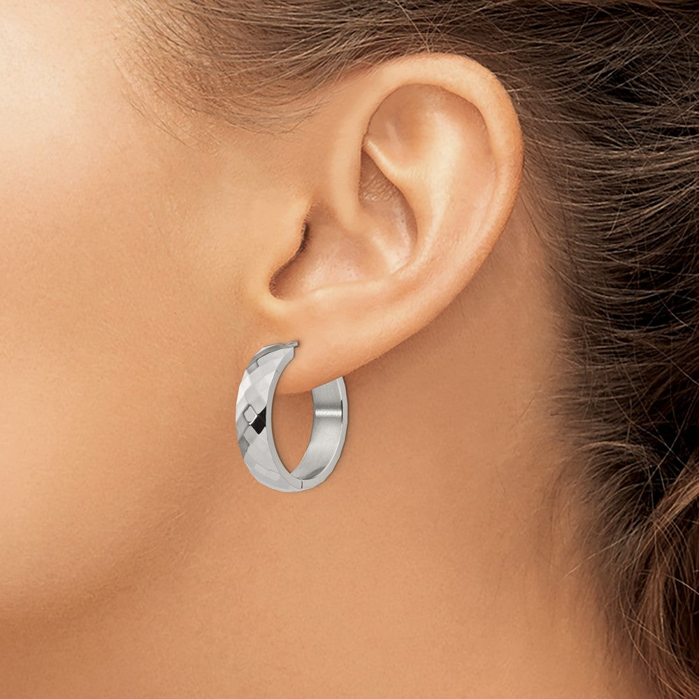 Stainless Steel Polished and Textured 6mm Hinged Hoop Earrings