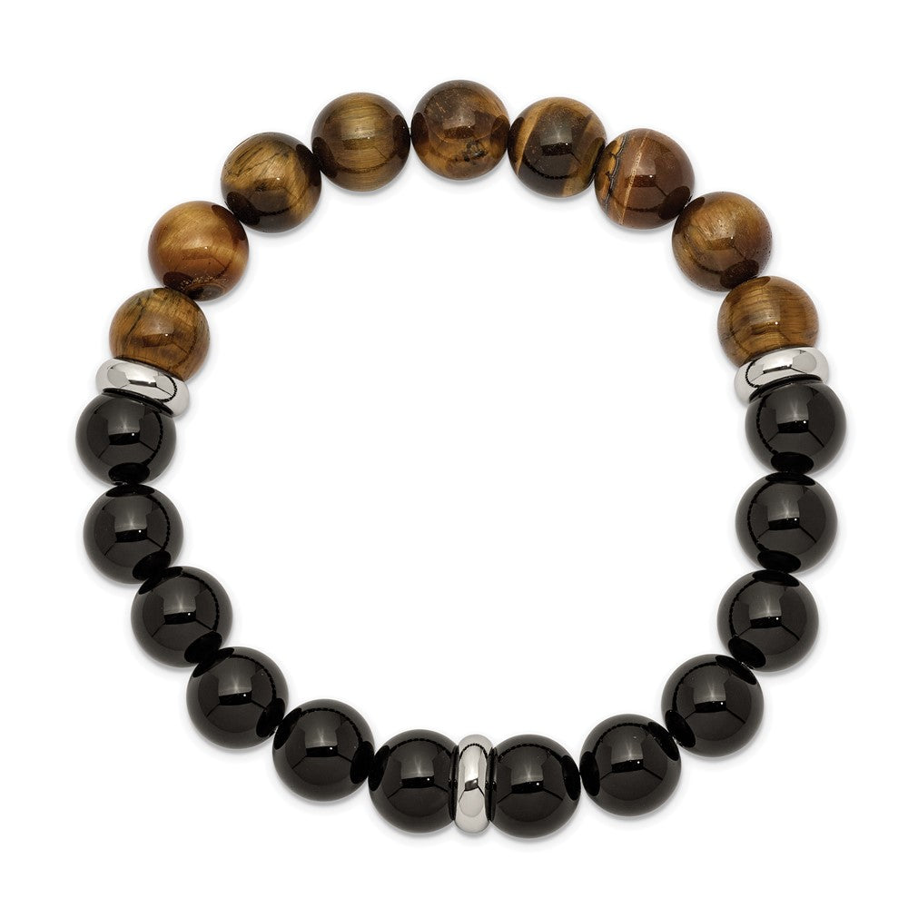 Stainless Steel Polished Black Agate and Tiger's Eye Stretch Bracelet 7.25 inches