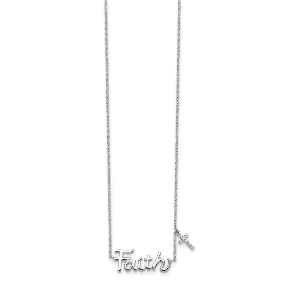 Sterling Silver Rhodium-plated FAITH w/CZ Cross Charm Necklace 18 Inches